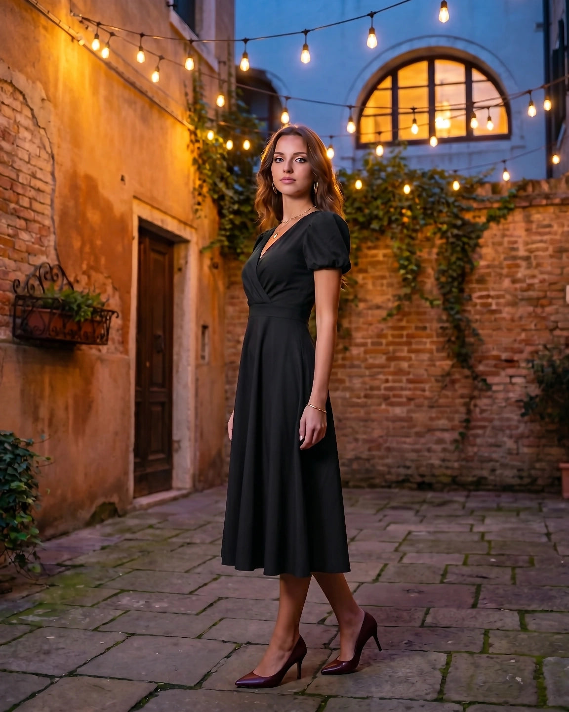 A-Line Surplice Front Cotton Midi Dress with Short Sleeves