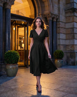 A-Line Surplice Front Cotton Midi Dress with Short Sleeves