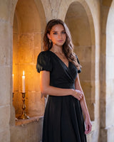 A-Line Surplice Front Cotton Midi Dress with Short Sleeves