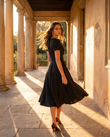 A-Line Surplice Front Cotton Midi Dress with Short Sleeves