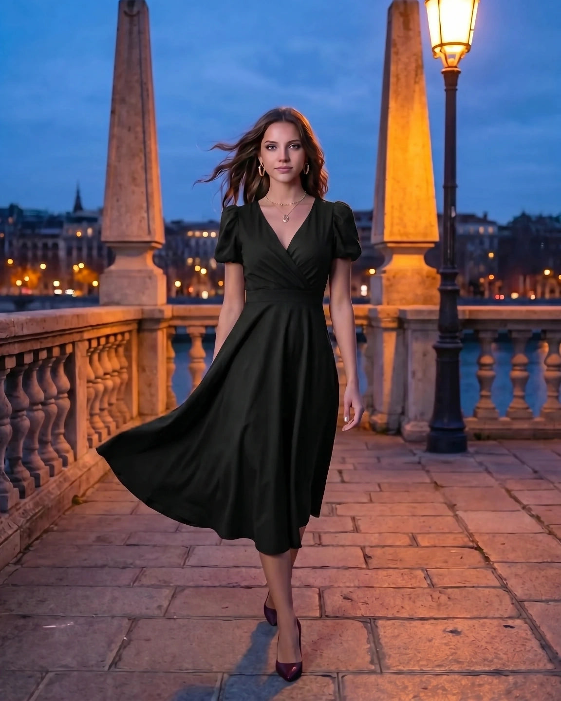 A-Line Surplice Front Cotton Midi Dress with Short Sleeves