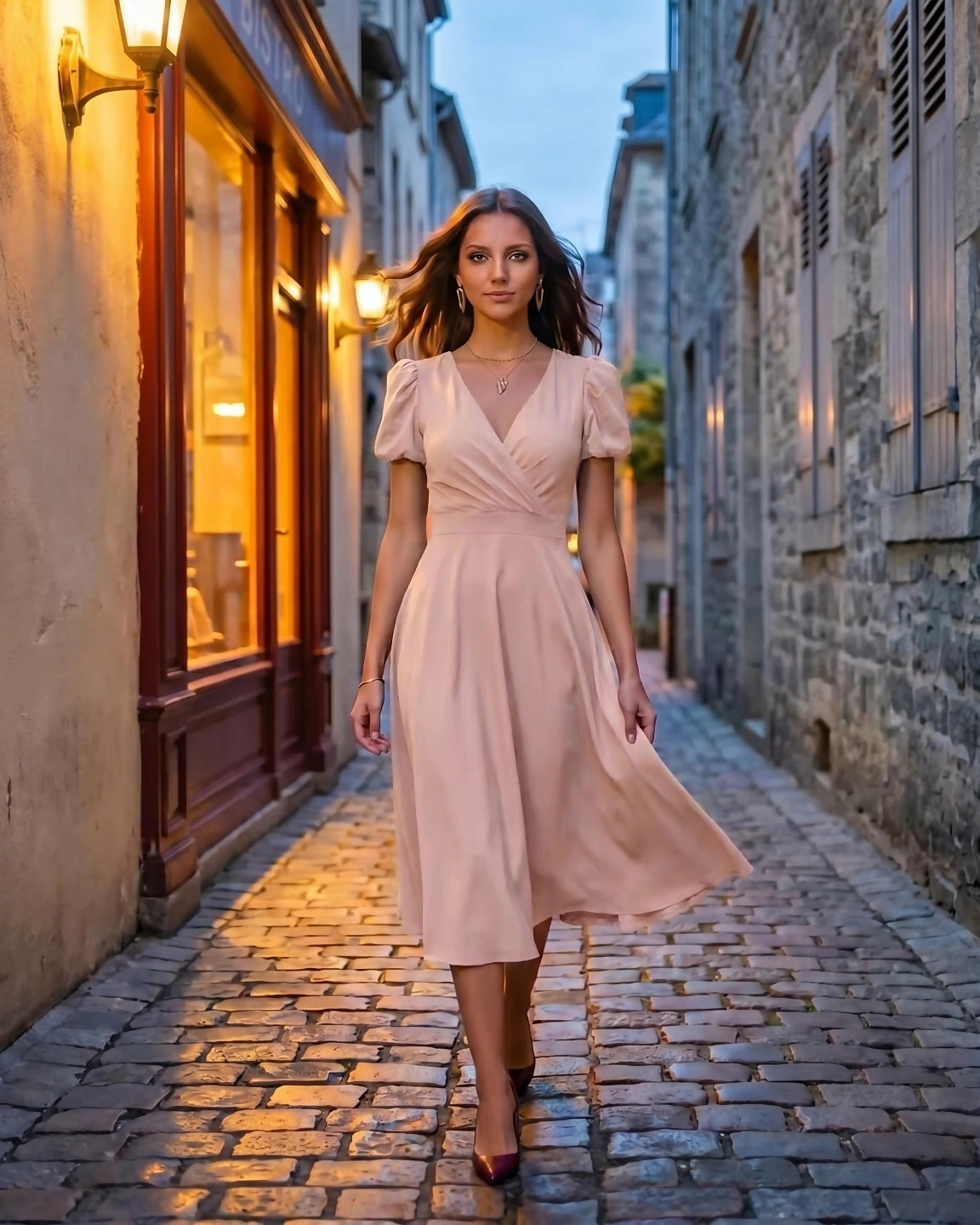 A-Line Surplice Front Cotton Midi Dress with Short Sleeves