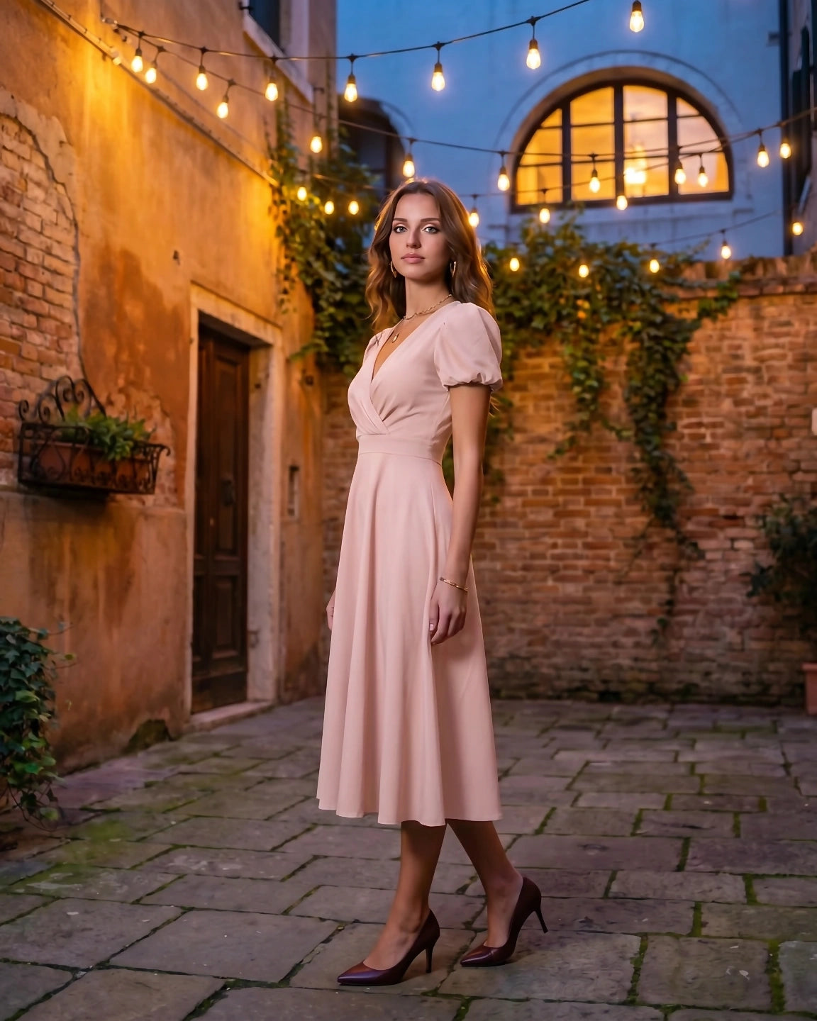 A-Line Surplice Front Cotton Midi Dress with Short Sleeves
