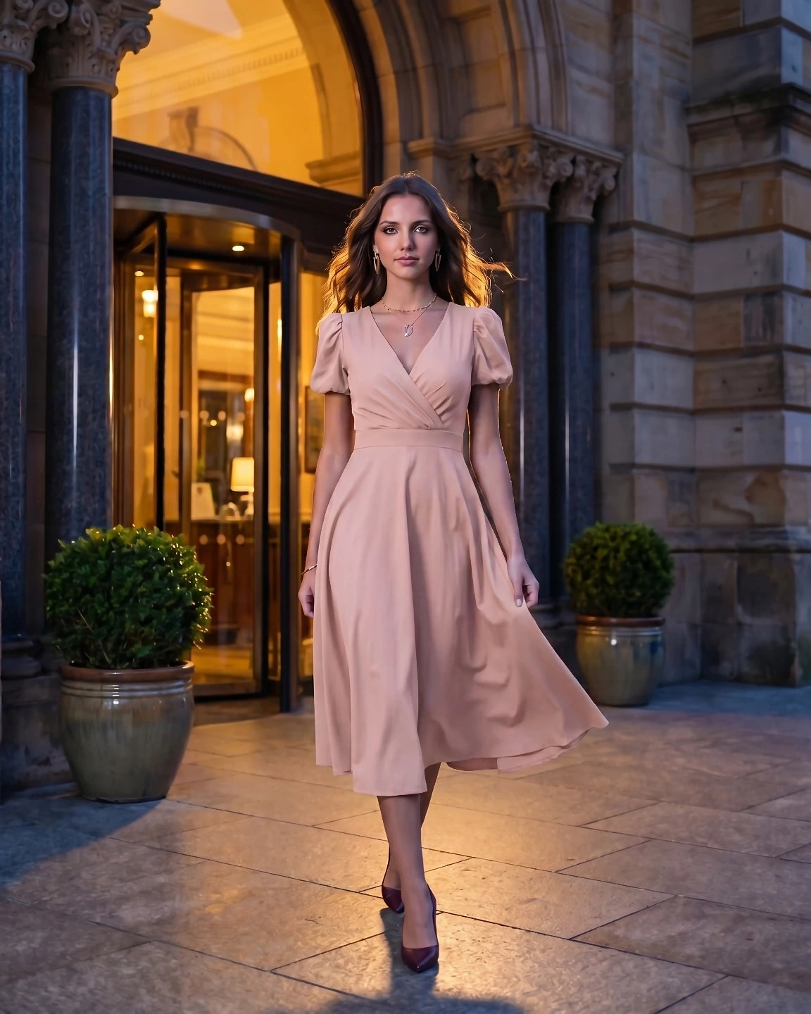 A-Line Surplice Front Cotton Midi Dress with Short Sleeves