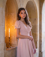 A-Line Surplice Front Cotton Midi Dress with Short Sleeves