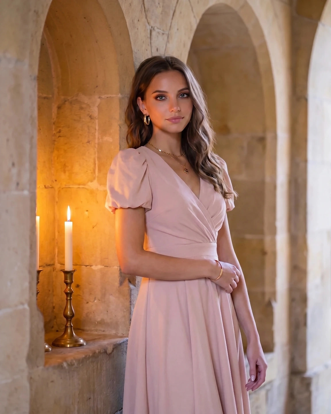 A-Line Surplice Front Cotton Midi Dress with Short Sleeves