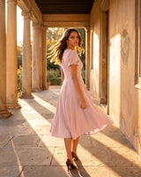 A-Line Surplice Front Cotton Midi Dress with Short Sleeves