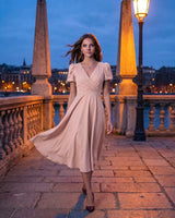 A-Line Surplice Front Cotton Midi Dress with Short Sleeves