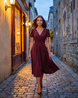 A-Line Surplice Front Cotton Midi Dress with Short Sleeves
