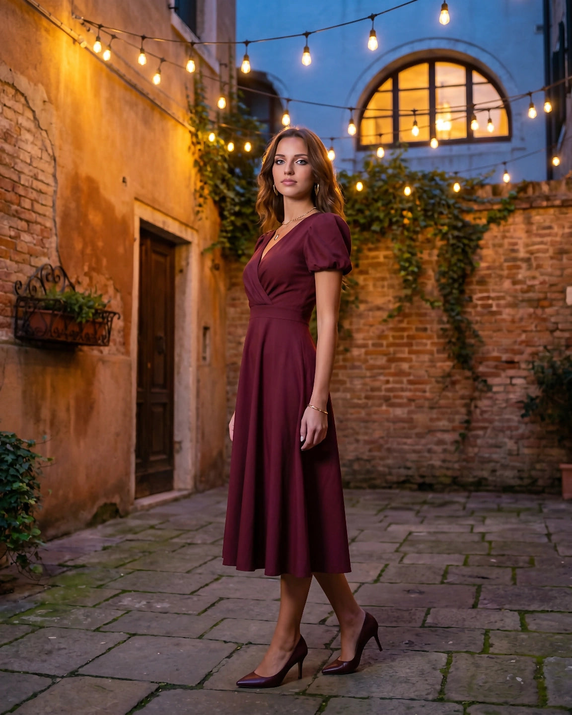 A-Line Surplice Front Cotton Midi Dress with Short Sleeves