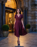 A-Line Surplice Front Cotton Midi Dress with Short Sleeves