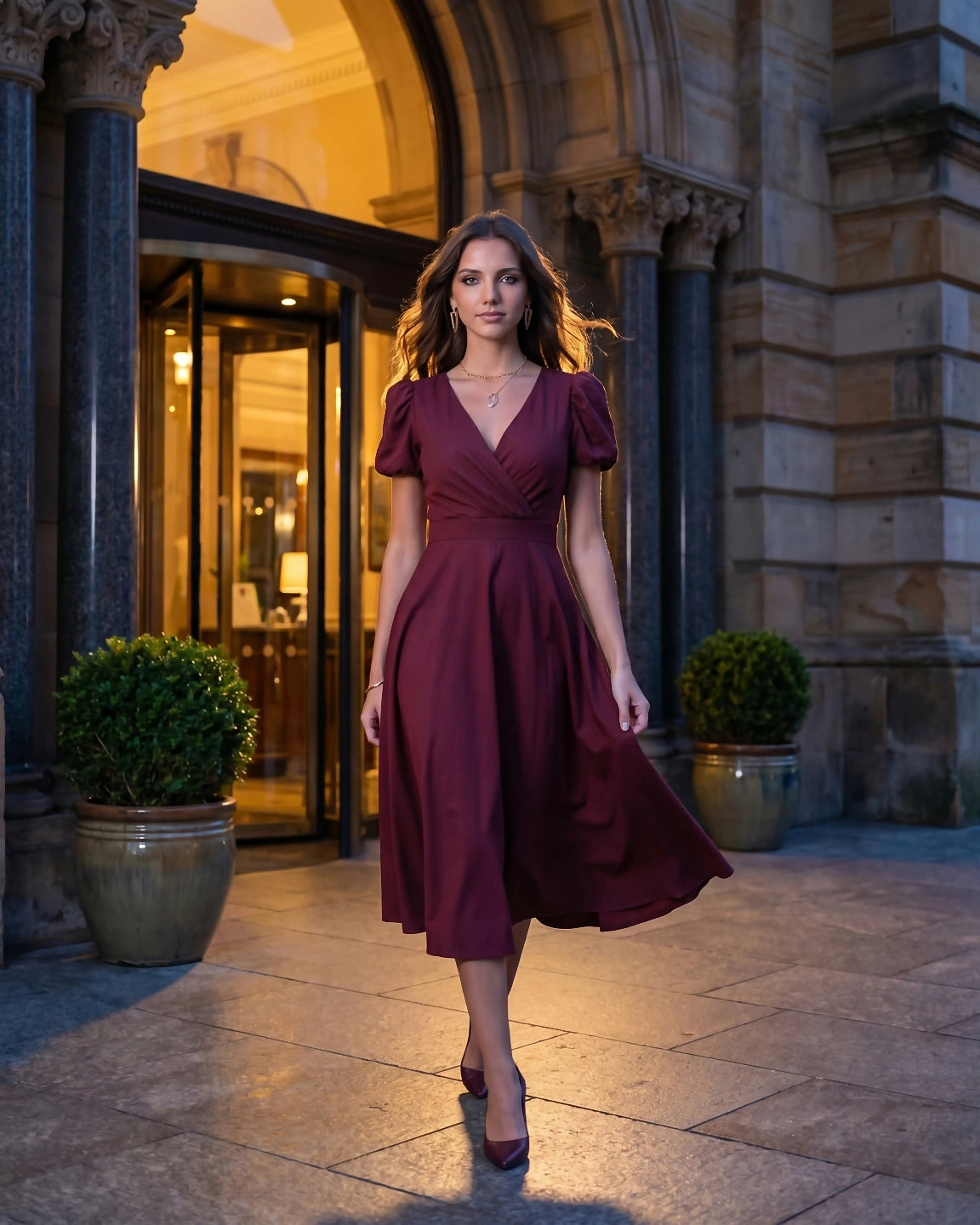 A-Line Surplice Front Cotton Midi Dress with Short Sleeves