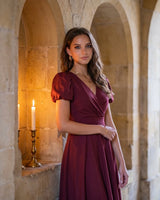 A-Line Surplice Front Cotton Midi Dress with Short Sleeves