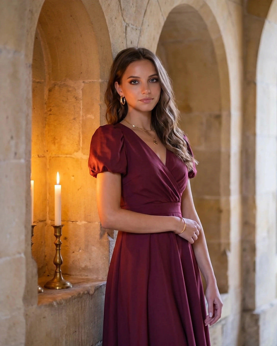 A-Line Surplice Front Cotton Midi Dress with Short Sleeves