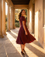A-Line Surplice Front Cotton Midi Dress with Short Sleeves