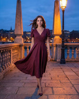 A-Line Surplice Front Cotton Midi Dress with Short Sleeves