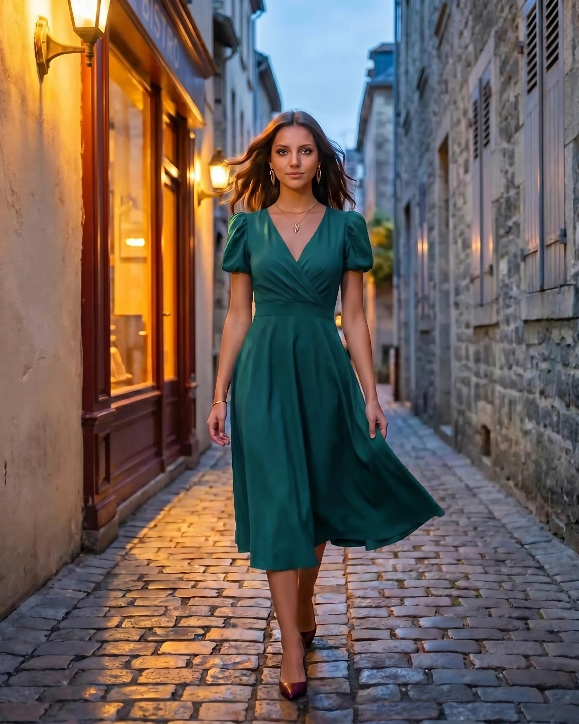 A-Line Surplice Front Cotton Midi Dress with Short Sleeves