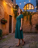 A-Line Surplice Front Cotton Midi Dress with Short Sleeves