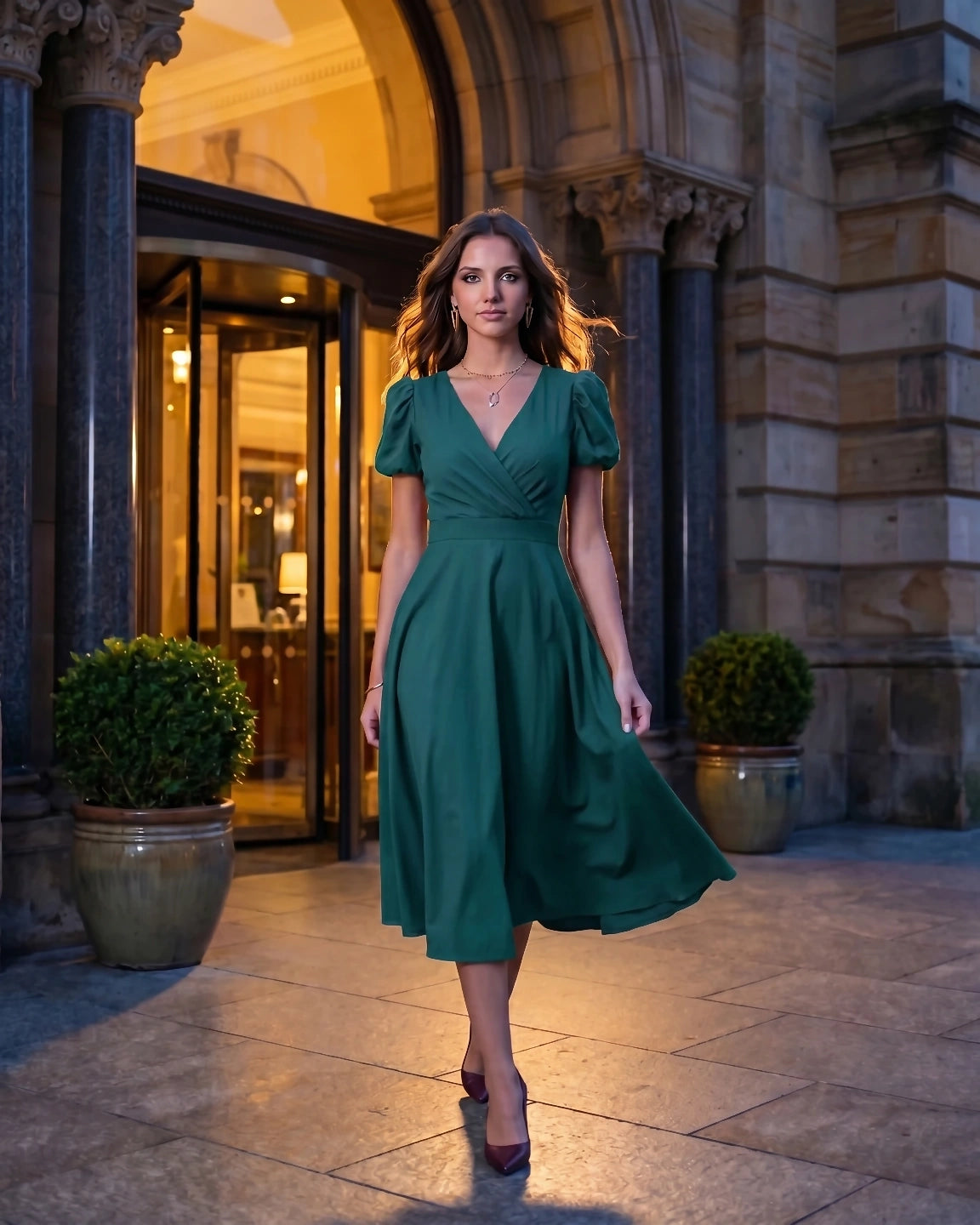 A-Line Surplice Front Cotton Midi Dress with Short Sleeves