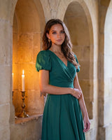 A-Line Surplice Front Cotton Midi Dress with Short Sleeves