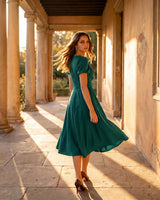 A-Line Surplice Front Cotton Midi Dress with Short Sleeves