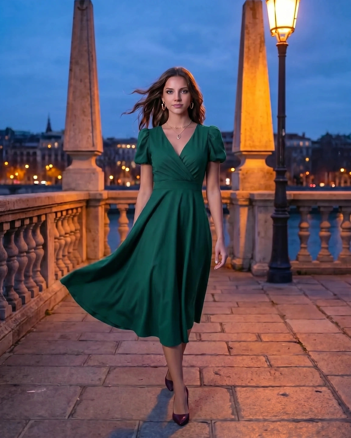 A-Line Surplice Front Cotton Midi Dress with Short Sleeves