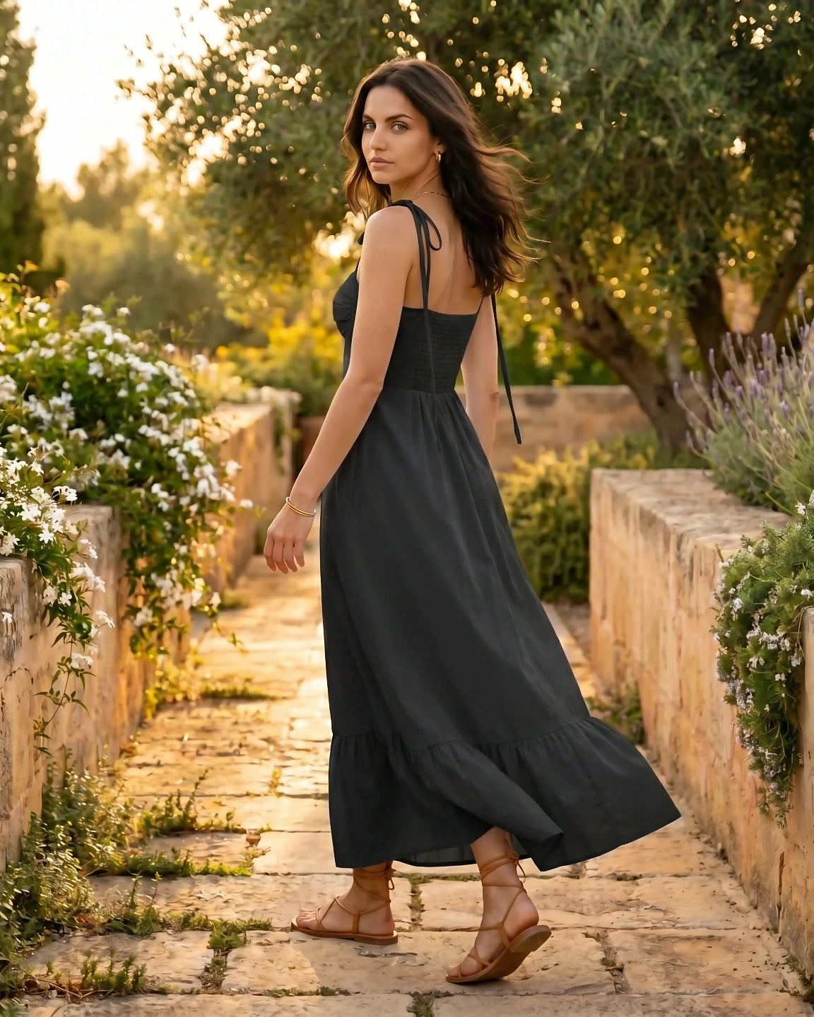 Tie-Strap Sweetheart Cotton Maxi Dress